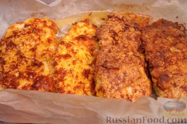 Куриное филе в панировке из сыра и кукурузных хлопьев, в духовке